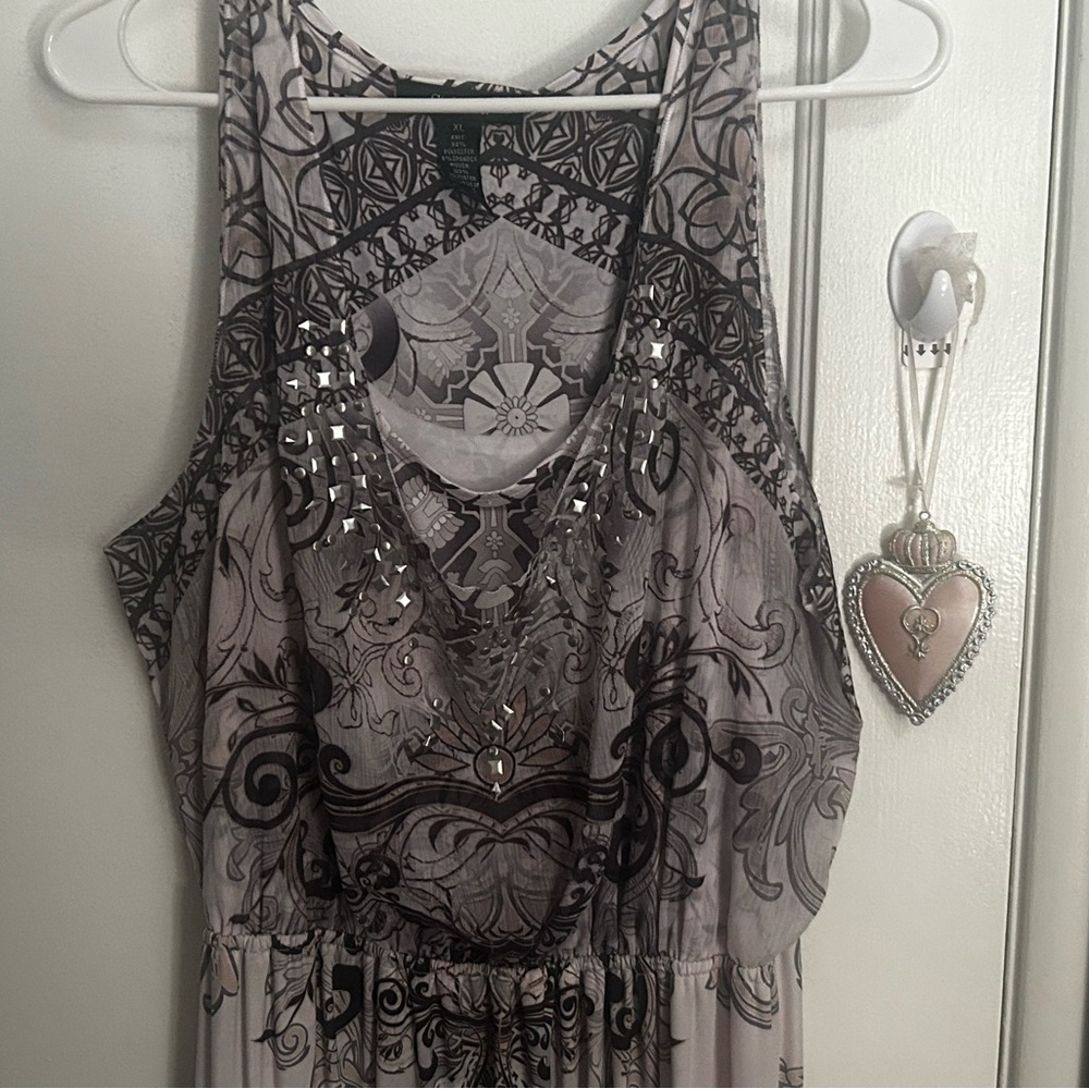 Embellished Patterned Maxi Dress - Gray Floral Print